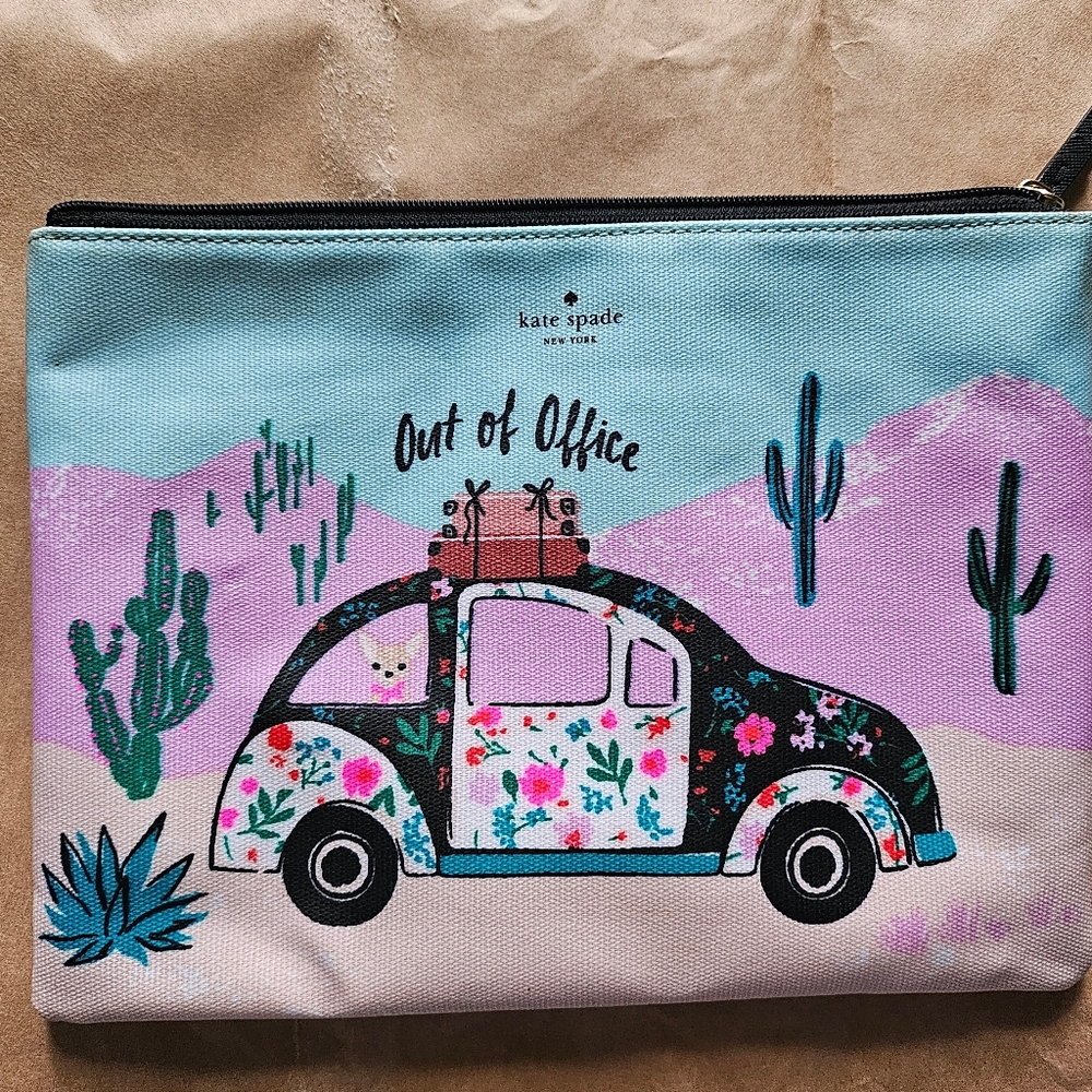 Kate Spade Beetle Car Out Of OFFICE Canvas Zipper Pouch RARE